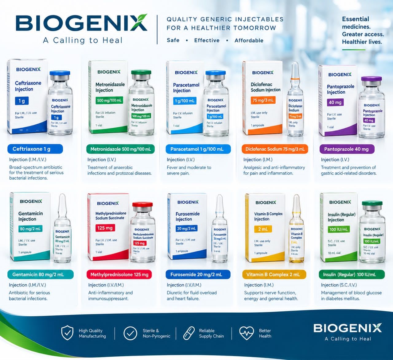 Development-stage concept board showing proposed Biogenix generic injectable medicine packaging.