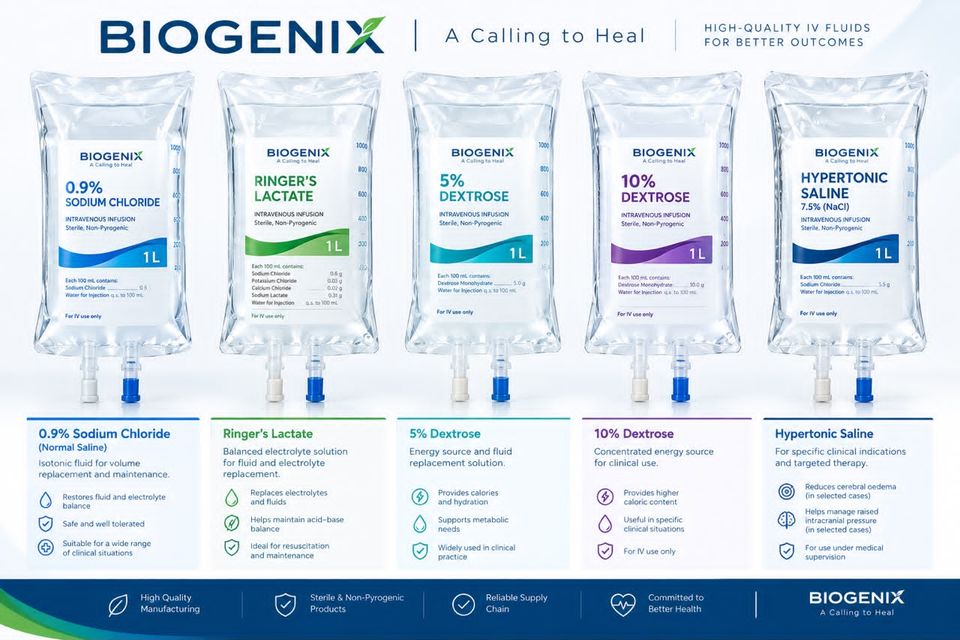 Concept presentation showing five proposed Biogenix IV-fluid products.