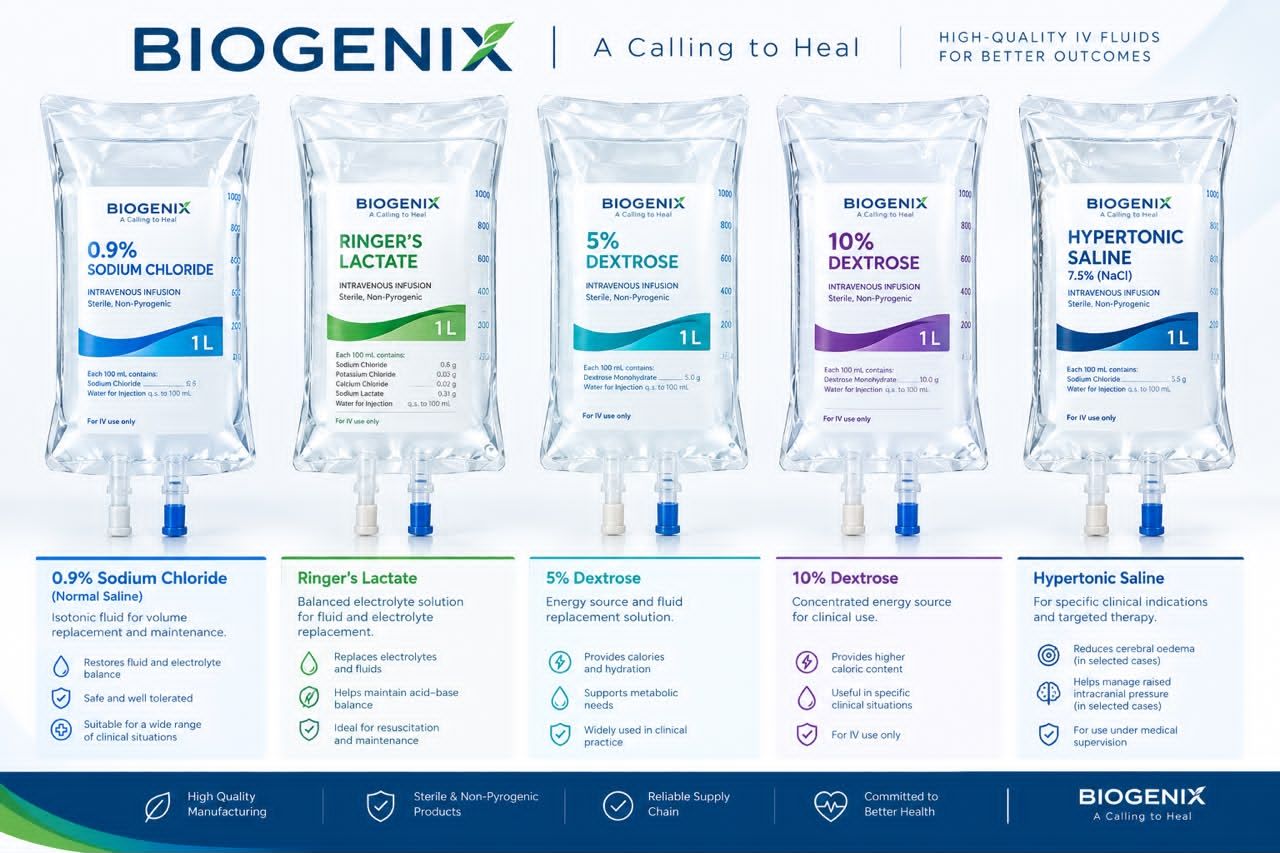 Concept presentation showing five proposed Biogenix IV-fluid bags: sodium chloride, Ringer's lactate, two dextrose strengths and hypertonic saline.